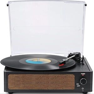 Wockoder Black Turntable with Brown Speaker Grill